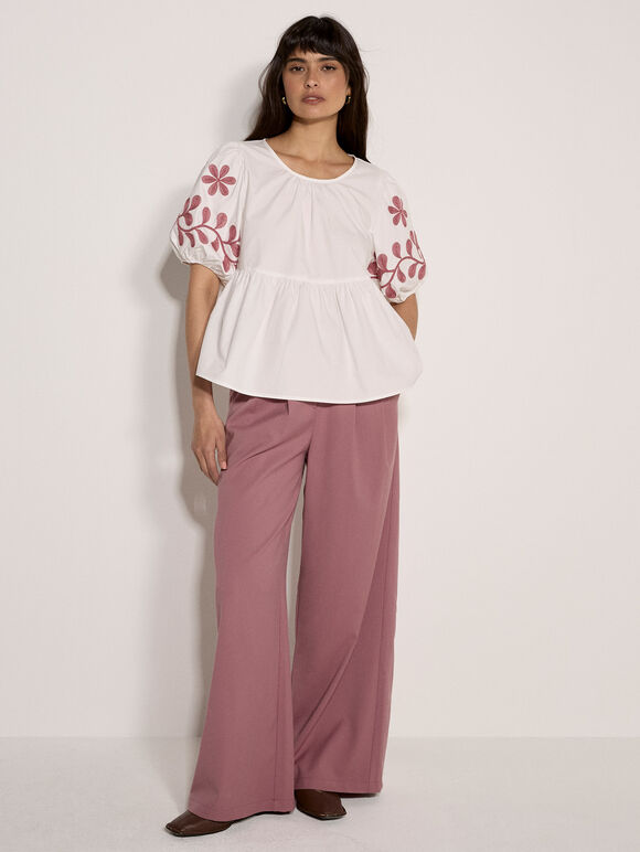 Floral Embroidered Peplum Top, Cream, large