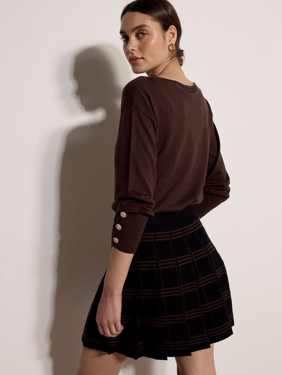 Check Pleated Knit Mini Skirt, Black, large