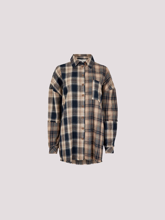 Mixed Check Oversized Shirt, Navy, large