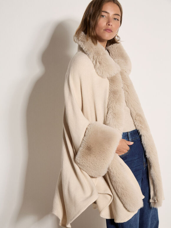 Faux Fur Trimmed Cape, Stone, large