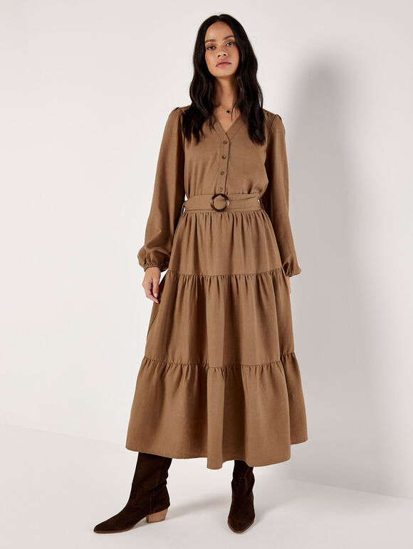 Belted Tiered Maxi Skirt, Brown, large