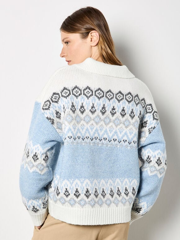 Open Collar Fair Isle Jumper, Blue, large