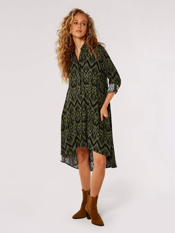 Diamond Print Shirt Mini Dress, Khaki, large