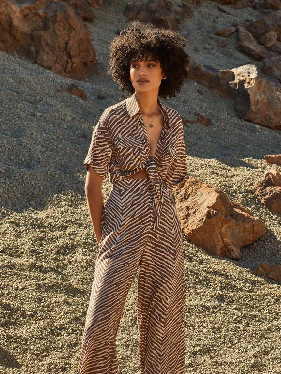 Zebra Palazzo Trousers, Brown, large