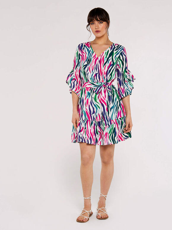 Multicolour Zebra Wrap Dress, Green, large