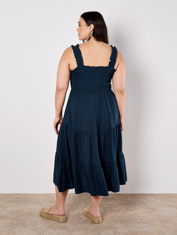 Smock Tiered Midi Dress, Navy, large