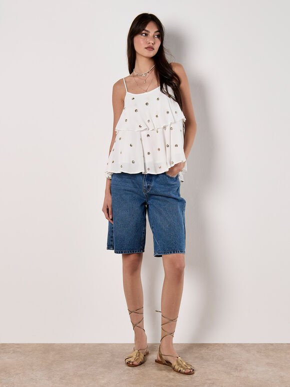 Sequin Spot Tiered Camisole Top, White, large