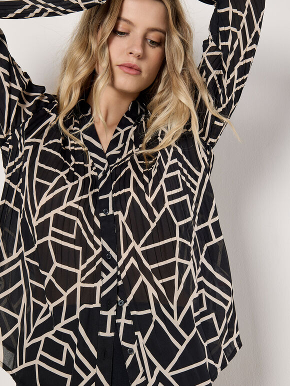 Geo Print Sheer Plisse Shirt, Black, large