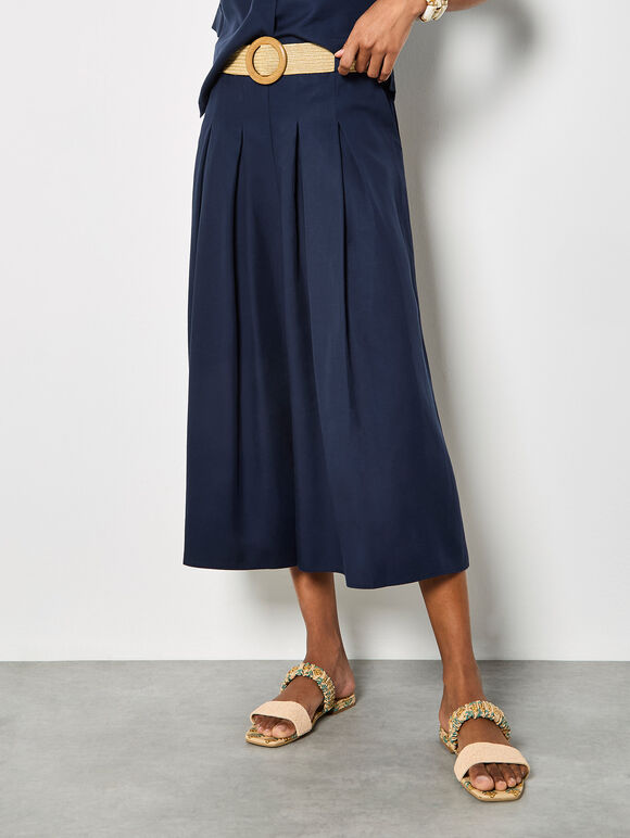 Pleated Wide-Leg Culotte Trousers, Navy, large