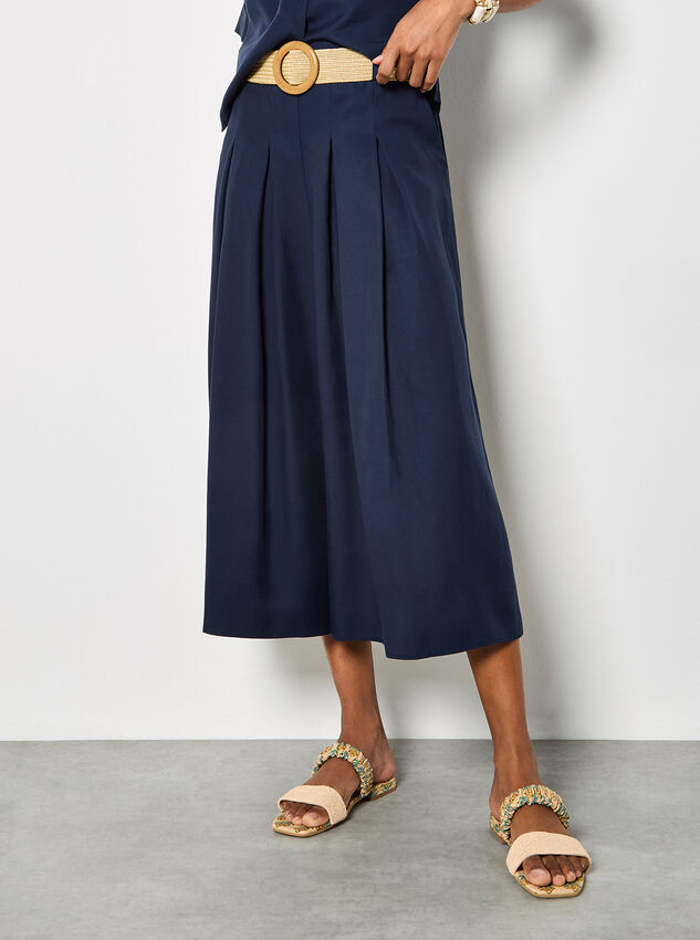 Pleated Wide-Leg Culotte Trousers, Navy, large