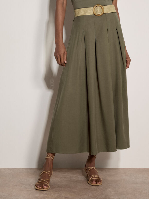 Boho Belted Midi Skirt, Khaki, large