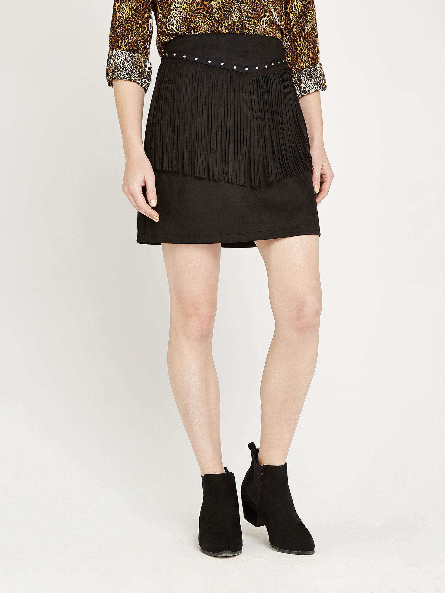 Fringe Suedette Skirt Apricot Clothing