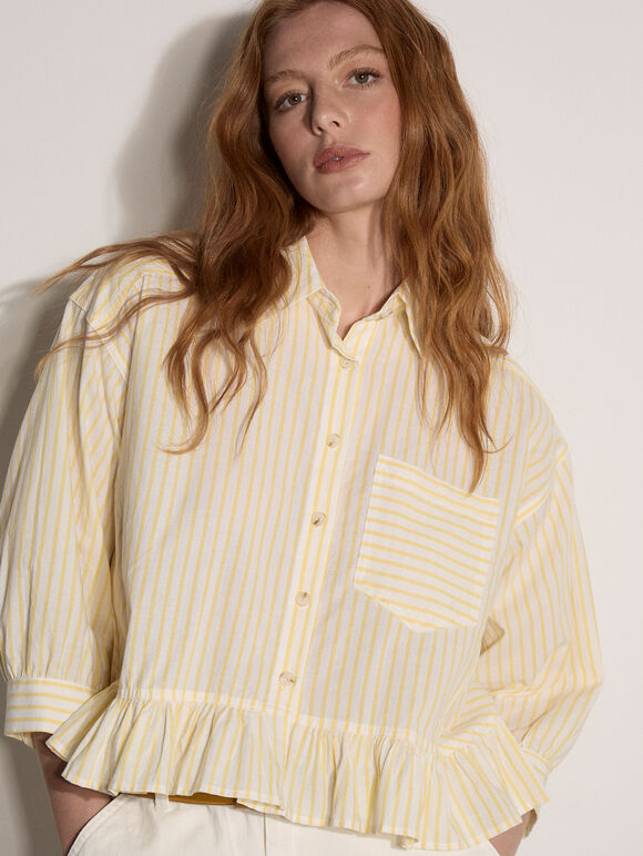 Stripe Ruffle Hem Shirt, Yellow, large