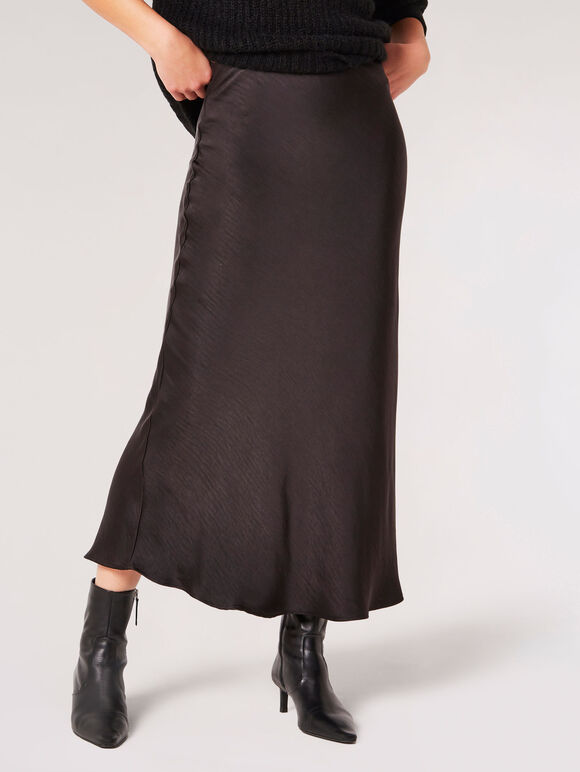 Satin Bias Maxi Skirt, Black, large