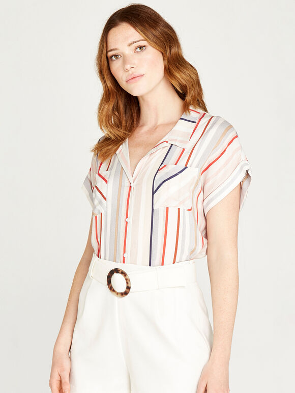 Dotted Stripe Back Pleat Shirt, Cream, large