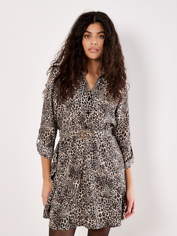 Animal Print Crepe Shirt Mini Dress, Stone, large