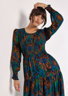 Ikat Chiffon Smocked Midi Dress, Teal, large