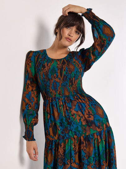 Ikat Chiffon Smocked Midi Dress