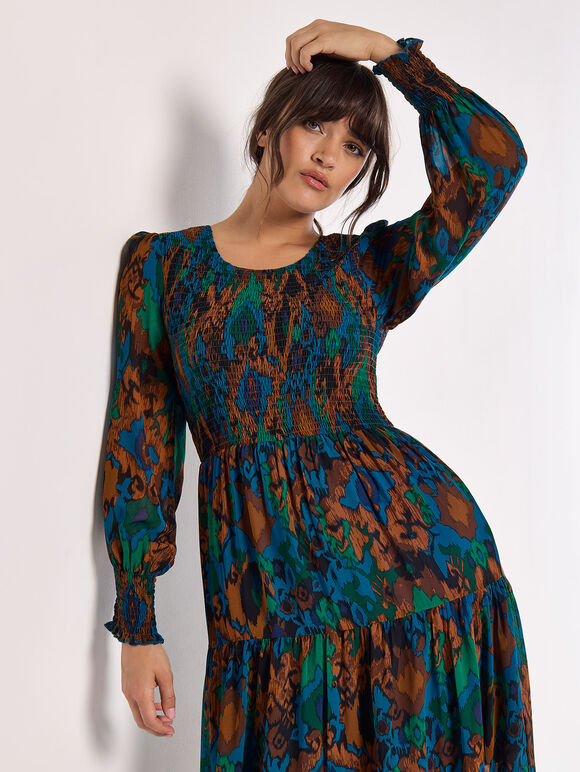 Ikat Chiffon Smocked Midi Dress, Teal, large