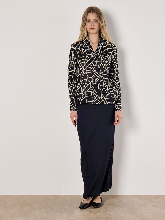 Geo Print Sheer Plisse Shirt, Black, large