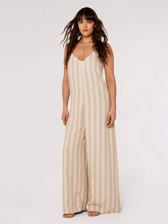 Striped Linen Mix Jumpsuit, Stone, large