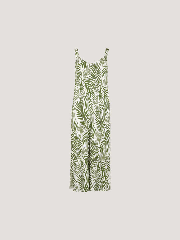 Leaf Print Wide Leg Jumpsuit, White, large