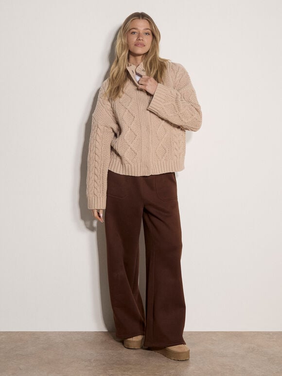Chunky Cable Knit Cardigan, Stone, large