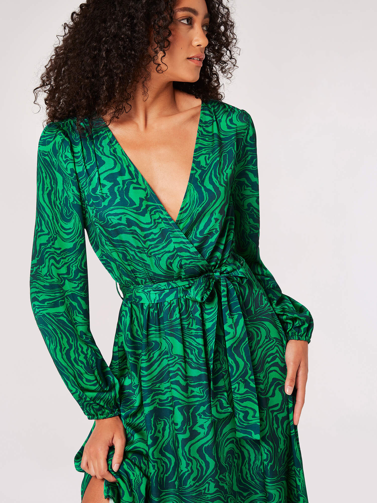 Swirl Satin Wrap Midi Dress Apricot Clothing