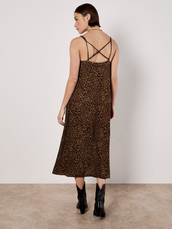 Animal Print Crepe Maxi Slip Dress, Brown, large