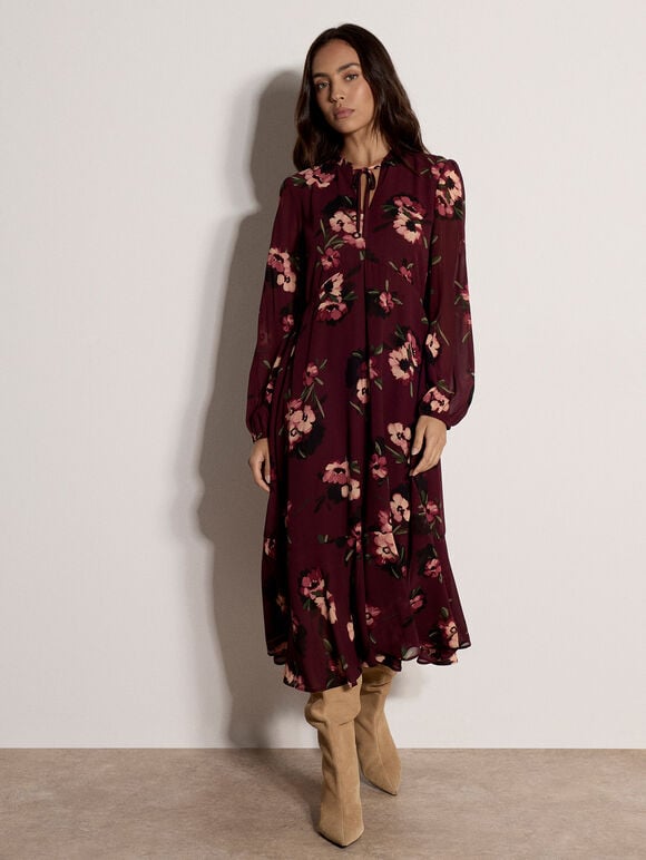 Floral Print Chiffon Midi Dress, Plum, large