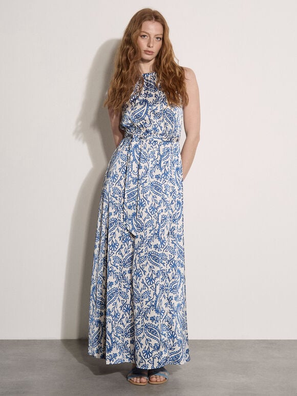 Paisley Print Satin Maxi Dress, Blue, large