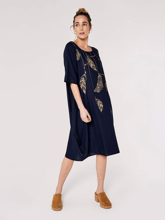 Necklace Print Midi Dress, Navy, large