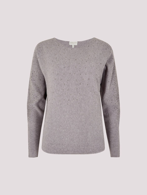 Batwing Sleeve Studded Jumper, Grey, large