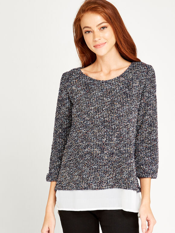 Navy Multi Fleck Chiffon Underlay Top, Navy, large