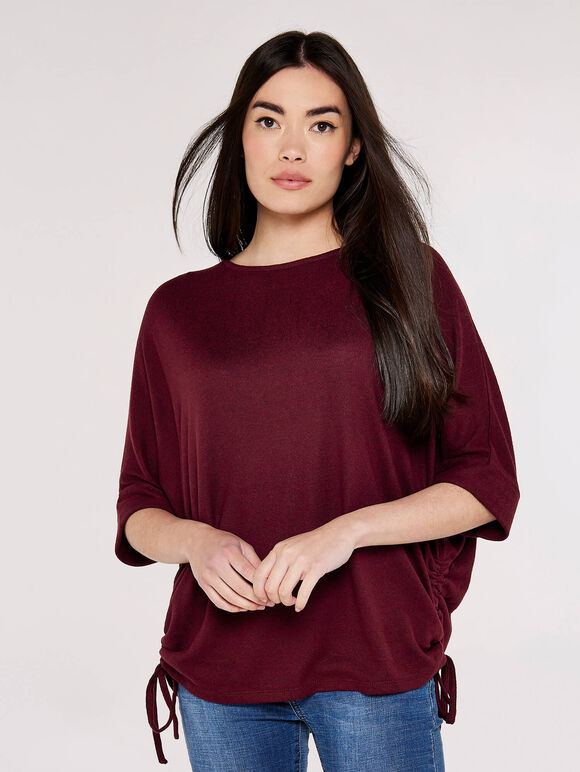 Soft Touch Drawstring Knit Top, Burgundy, large