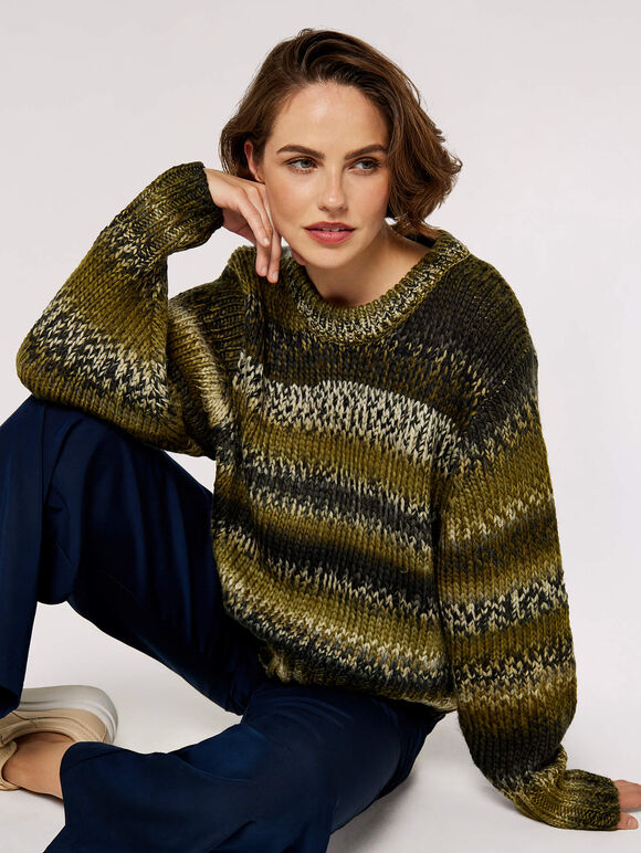 Chunky Knit Tonal Stripe Jumper, Green, large