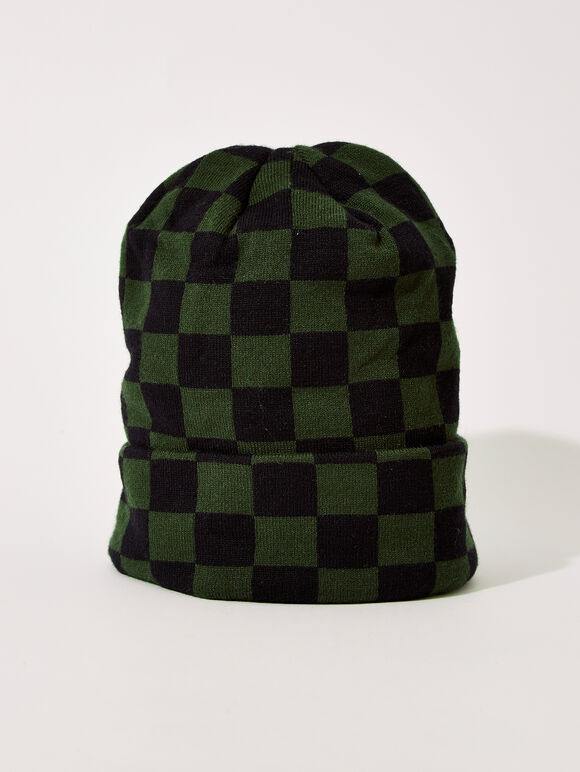 Checkered Beanie Hat, Green, large