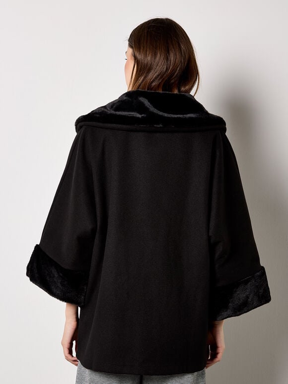 Faux Fur Trim Wrap Jacket, Black, large