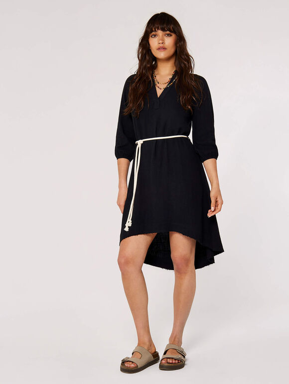 Linen-Cotton Mini Dress, Black, large