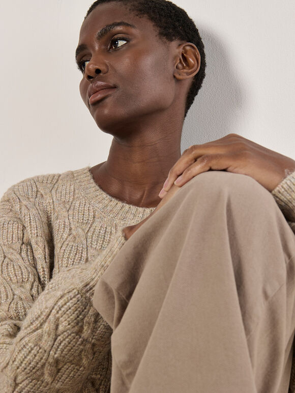 Flecked Braid Cable Knit Jumper, Stone, large