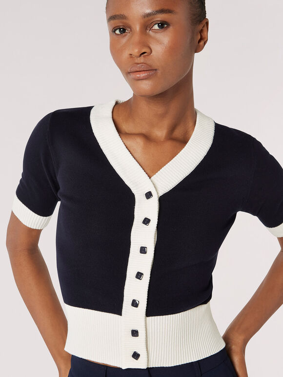 Contrast Trim Cotton Cardigan, Navy, large