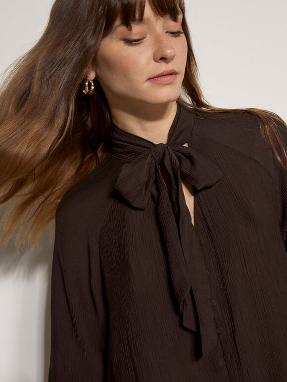 Crinkle Textured Bow Neck Blouse, Brown, large