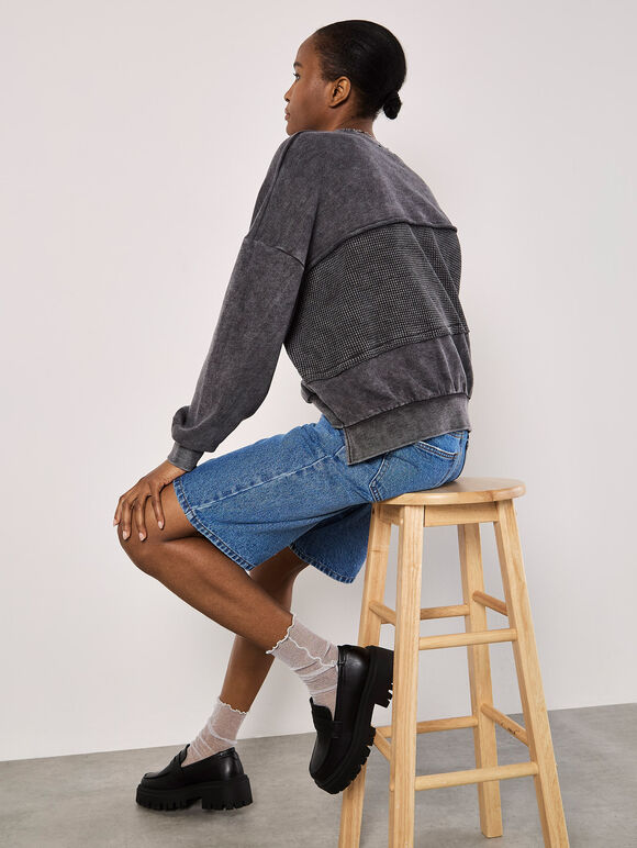Waffle Panel Washed Cotton Sweatshirt, Grey, large