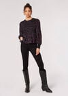 Paisley Puff Sleeve Smocked Top, Black, large