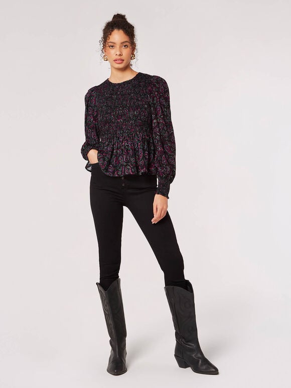 Paisley Puff Sleeve Smocked Top, Black, large