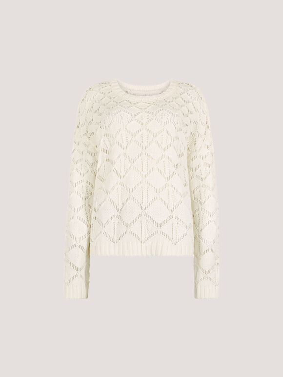 Diamond Pointelle Boxy Jumper, Cream, large