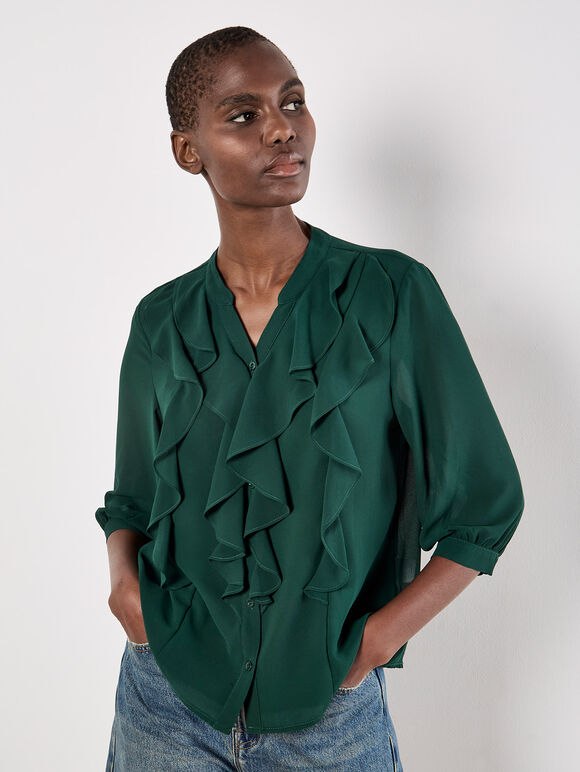 Ruffle Front Chiffon Blouse, Green, large