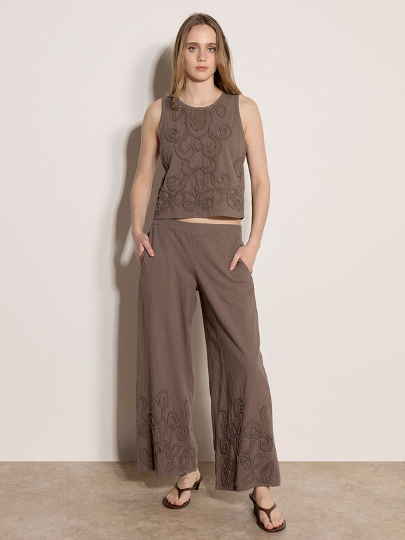 Embroidered Cotton Wide-Leg Trousers, Stone, large