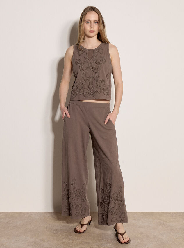 Embroidered Cotton Wide-Leg Trousers, Stone, large