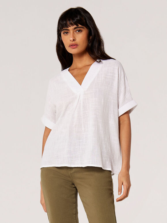 Relaxed-Fit V-Neck Blouse, White, large